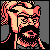 Pixelated static icon of a stylized character with long flowing hair, wearing glasses and a large circular emblem on the chest against a gray background.