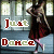 A pixelated animation of a woman in a dark dress with red accents dancing, overlaid with 'Just Dance' text.
