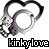A 3x3 contact sheet of nine identical animated frames showing a heart-shaped pair of silver handcuffs with a small skull attached to the chain, each frame labeled "kinkylove" in pixelated text below.