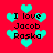 Red background with cyan hearts and repeated black text "I love Jacob Raska" in pixelated font.