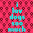 A static image with cyan text on a pink background featuring a repeating black and white pattern.