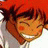 Pixelated static image of a cartoon character with red hair and closed eyes smiling, wearing a white shirt against a light background.