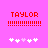 Pixelated red text 'TAYLOR' above horizontal lines and white/pink hearts on a pink background.