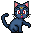 Four pixel-art cat poses with blue fur, pink inner ears, yellow forehead marks, and red mouths on gray background.