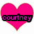 A pink heart-shaped icon with the text 'courtney' in black outline and purple fill, transitioning to red fill.