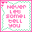 Pixelated icon with pink and green text and borders, featuring repeated phrases and heart symbols in a