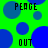 Green background with blue circles and pixelated text reading PEACE, OUT, PEACE in a repeating pattern.