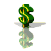 Green dollar sign icon with yellow outline and reflection, displayed in multiple views showing rotation and perspective changes.