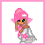 Pixel art icon of a cartoon fairy-like character with pink hair and wings, wearing a silver dress with pink accents, holding a brown staff against a white background framed by a pink border.