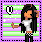 Pixel art contact sheet showing three animated frames of a cartoon character with long black hair, white crop top, and checkered pants against striped background with heart symbol.