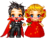 Pixel art doll pair in red and black attire with red rose, showing sequential animation frames of facial expressions and sparkle effects.