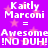 Purple background with pink stars and repeated white text reading "Kaitly Marconi = AwesomeAwesome!NO DUH! !NO DUH!" in pixelated font.