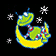 Animated sequence of a green alien on a yellow crescent moon against black background with white stars, showing motion from sitting to lying down and head movements.