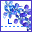 Pixelated blue floral design with changing text characters and dashed lines on white background, framed by purple border.