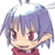 Pixelated anime-style character with purple hair, red eyes, and a pink top against white background.