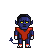 Pixelated character with blue skin, yellow eyes, black hair, red vest over dark blue outfit, white gloves, and a tail.