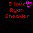 Red pixelated text reads "I love Ryan Sheckler" with a pink heart symbol replacing the 'o' in 'love', displayed on black background.