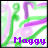 Pixelated icon with green and purple abstract shapes on white background, displaying 'Maggie' text in varying colors across frames.