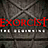 Pixelated image with red text 'EXORCIST' over a dark, textured background featuring faint X-shaped lines and white rectangular shapes below.
