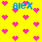 Yellow background with pink pixelated hearts and blue text 'aieX' in four positions, each heart and text element rendered in 8-bit style with no visible animation changes.