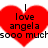 Red heart-shaped icon with black pixelated text reading "I love angela sooo much" centered on it.