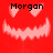 Red background with three identical pixelated faces showing heart-shaped eyes and jagged smiles, each labeled 'Morgan' above.
