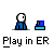 Pixelated character in blue outfit with white head interacts with blue device, showing sequential animation of hand movement, speech bubble, and blue particle effects.