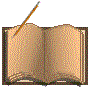Animated sequence of an open book with a pencil writing text on the left page, showing progressive ink strokes