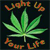 Green cannabis leaf icon with pixelated text reading 'Smoke Us' above and 'Your Life' below on dark background.