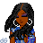 Pixel art of a woman with long black hair and purple eyeshadow wearing blue jacket, white pants, large hoop earrings, and roller skates standing next to text reading 'club it up' on white background.