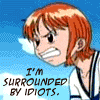 Pixelated anime-style image shows a red-haired character with clenched teeth and furrowed brows, surrounded by other characters under a blue sky.