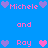 Pixelated blue background with pink and purple heart icons surrounding repeated text 'Michele' and 'Ray' in alternating