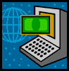 Pixelated laptop with green screen and yellow display area against blue globe background, showing animation sequence