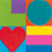 A static pixelated image divided into four quadrants with distinct shapes and colors: green, purple, blue circle, red heart, yellow rectangle, pink rectangle, and blue background.