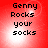 Red background with black text reading "Genny Rocks your socks" in four identical quadrants, each with a bright white circular glow.