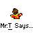 Pixel art character with brown hair and yellow earrings in red shirt, surrounded by text fragments on gray background.