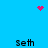 Pixelated blue background with four instances of the text 'seth' and scattered red pixel clusters forming a heart shape at top center.