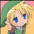 Pixelated anime-style character with blonde hair, blue eyes, green hat and clothing, holding a brown object against pink and yellow background.