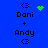 Blue background with black text reading 'Dani + Andy' and '<3', featuring green pixelated heart and starburst animations.
