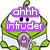 Green cartoon character with white accents and a green leaf on its head, holding a purple pacifier, displayed in four distinct text overlays.