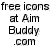 A contact sheet of five animated frames showing pixelated Ninja Turtles characters with speech bubbles containing slang phrases, set against a gray background with promotional text for AimBuddy.com.