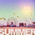 Pixelated summer scene with pastel sky, sun, and cityscape silhouette beneath bold 'SUMMER' text.