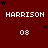 Red background with repeated white text 'HARRISON' and '08', scattered black stars, gray rectangle in bottom-right corner.