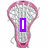 Two static images of a pink lacrosse stick with white mesh netting, each overlaid with purple text elements.