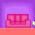 Pixelated animation of green insectoid character with large eyes and antennae moving across pink couches on purple background, interacting with pink pig-shaped objects.