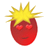 Red oval-shaped face with heart-shaped eyes and a small mouth, topped with spiky yellow hair against a gray background.