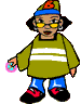 Animated cartoon character in green sweater with white stripes, blue pants, red shoes, and a blue cap with orange 'B' holding pink circular object that changes shape.