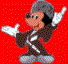 Animated sequence of a cartoon character in dark brown robe with white stripe, gray hat and shoes, red dotted background, hands raised in sequential poses.