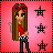 Pixel art of a girl with long brown hair wearing red sunglasses, red shirt, black pants, and white checkered belt, standing against pink gradient background with three black stars.