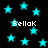 Black background with multiple cyan stars and four instances of the text 'BellaK' in white pixelated font.